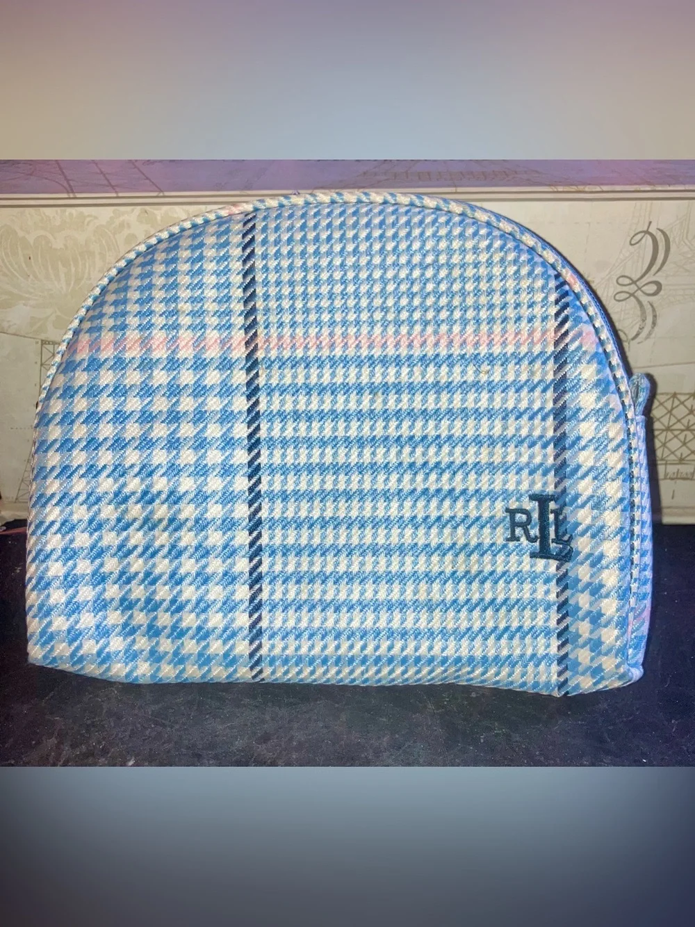Ralph Lauren Blue & White Houndstooth Cosmetic Bag w/Pink Accents Rare Color HTF
